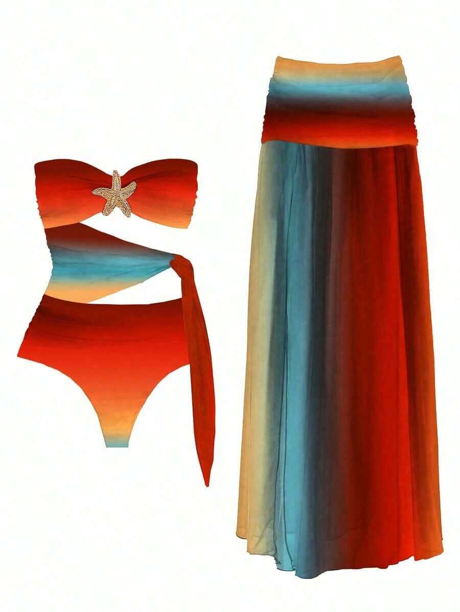 Nuevo Llegada Primavera/Verano Europeo y Americano Casual Sexy Hueco Ombre 2 Piezas Bikini Traje de Baño para Mujeres, Estampado Floral Aleatorio, Sin Posicionamiento, Playa, Vacaciones, Fiesta, Cita - Multicolor 3 - Ver 1