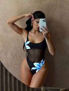 Traje de baño de una sola pieza para mujer con diseño de unicolor, tirantes, parches de malla, sexy y con recortes, estilo bohemio para festivales - Azul - Ver 5