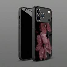 1 pieza Funda de teléfono de material de vidrio con patrón de atmósfera de rosa bajo la lluvia, diseño elegante de alta gama compatible con vidrio templado para Apple - Negro - Ver 3