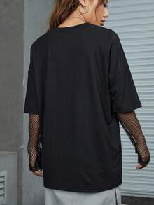 Nueva Camiseta Estampada de Cuello Redondo y Hombros Caídos de Talla Grande - Negro - Ver 4