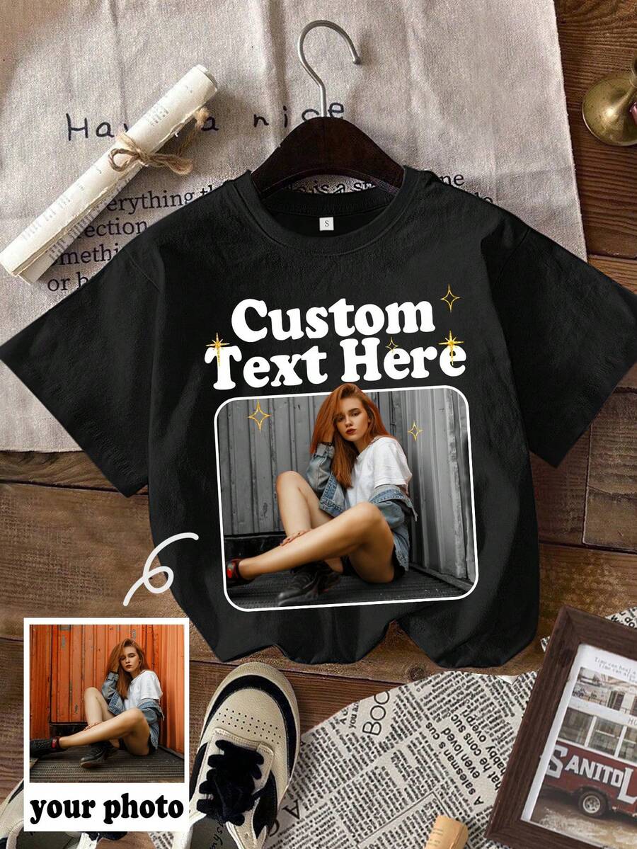 Blusas para mujer y playeras de mujer, Playera Retro con Retrato Personalizado, Playera con Foto de Mascota y Texto Propio, Ropa Unisex para Parejas y Hermanas, Regalo Ideal de Cumpleaños y Fiestas - Negro - Ver 1