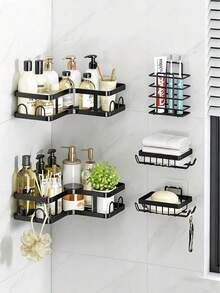 No-Drill Adhesive 5-Piece Corner Bathroom Shelf Set – Large Capacity, Space-Saving Storage Rack Available In Two Colors (Black/White), Includes A Soap Dish, Toothbrush Holder, And Hooks. Waterproof And Rustproof, Suitable For Kitchens, Dining Rooms, Parties, And Makes A Great Gift For Friends And Family, Christmas Decoration, Home Décor, Valentine's Day Gift, Family Gift, And Room Decor. - màu đen - Xem 3
