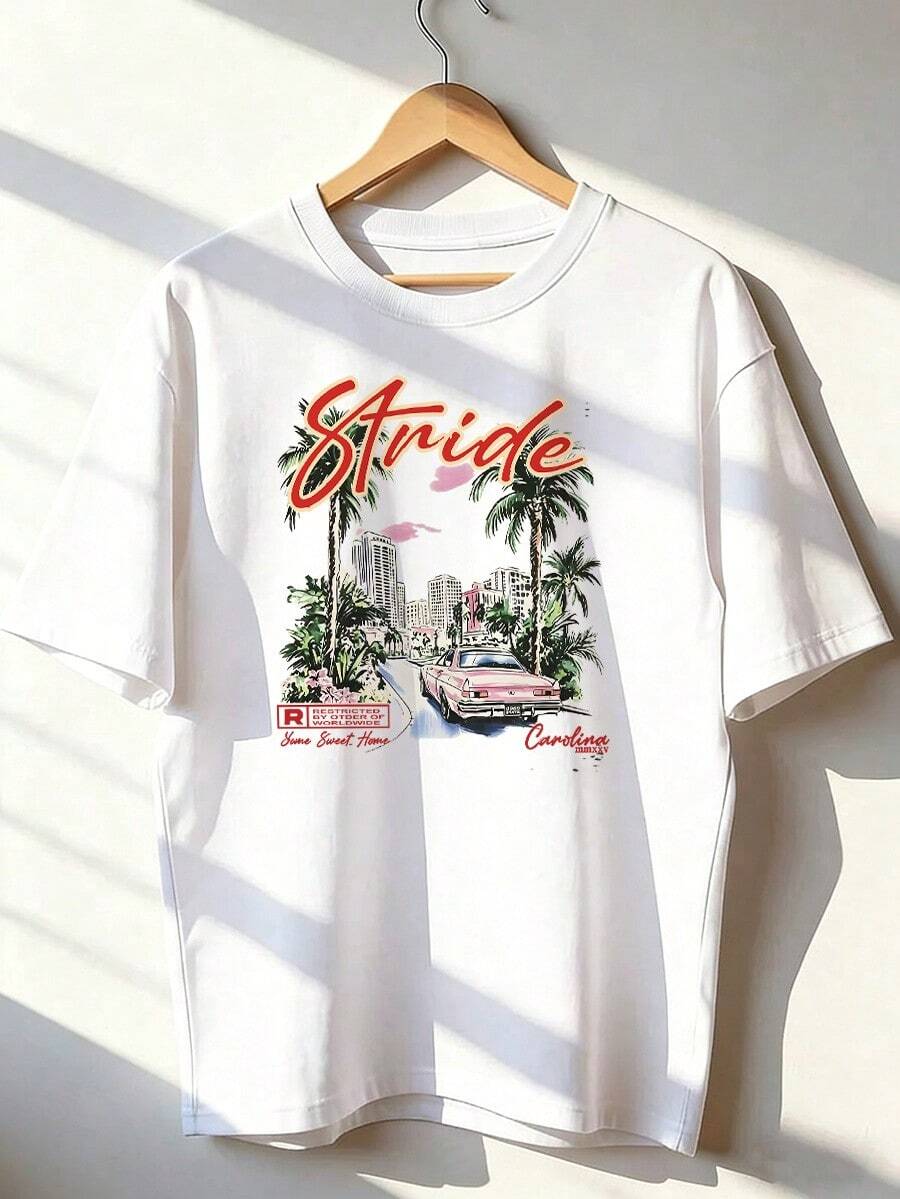 Camiseta de Manga Corta con Paisaje Urbano Retro y Frase "Carolina",Camiseta de manga corta de moda para primavera y verano de 2026, hecha en México, 180 gramos. Estampado de dibujos animados, modelo de pareja, apta para uso interior o exterior. Cuello redondo, unisex, ideal para oficina y ocio. Paquete de una pieza. - WH-P631577SLNDXZGY387 - Ver 1