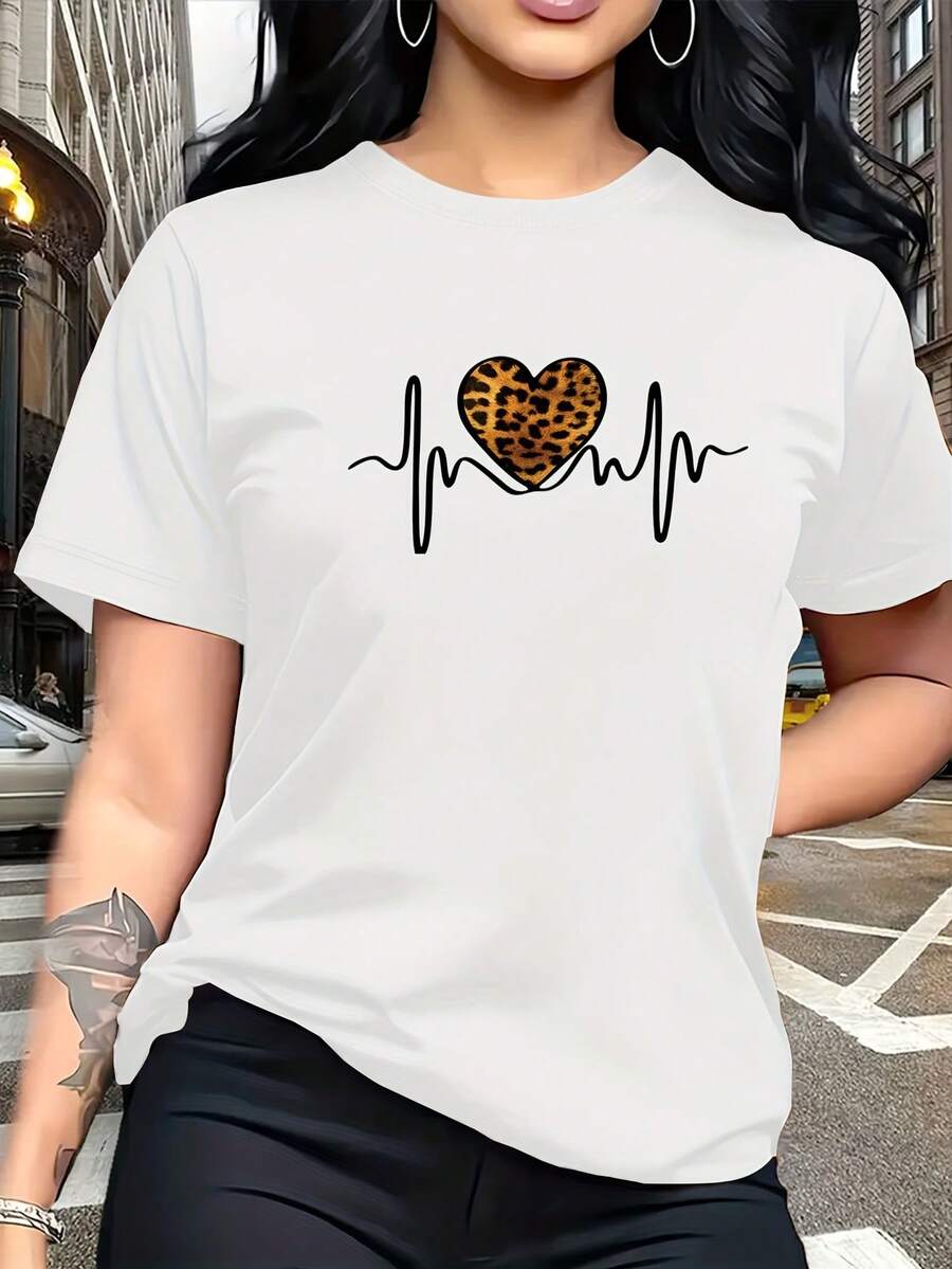 Camiseta suave 100% algodón con estampado de leopardo y patrón de corazón EKG, a la moda, cuello redondo, casual, versátil, de manga corta para mujer, adecuada para el ocio, viajes, vacaciones y otras ocasiones. Camiseta de algodón transpirable, combina con todo. - Blanco - Ver 1