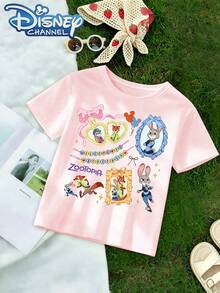 Zootopia Printed Pattern, A Cute, Fresh, And Fashionable Disney Girl's Round Neck T-Shirt, 100% Pure Cotton, Is An Ideal Choice For Daily Wear, Holiday Leisure, Outdoor Exploration, Campus Life, And Shopping Trips. It Is Also A Must-Have Item For Summer And Makes An Excellent Disney Gift For Girls Or Boys. - Hồng - Xem 2