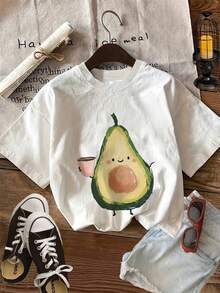 Women's Casual Short Sleeve Round Neck T-Shirt, Avocado And Tea Cup Print, Comfortable Regular Fit For Summer - White - View 1