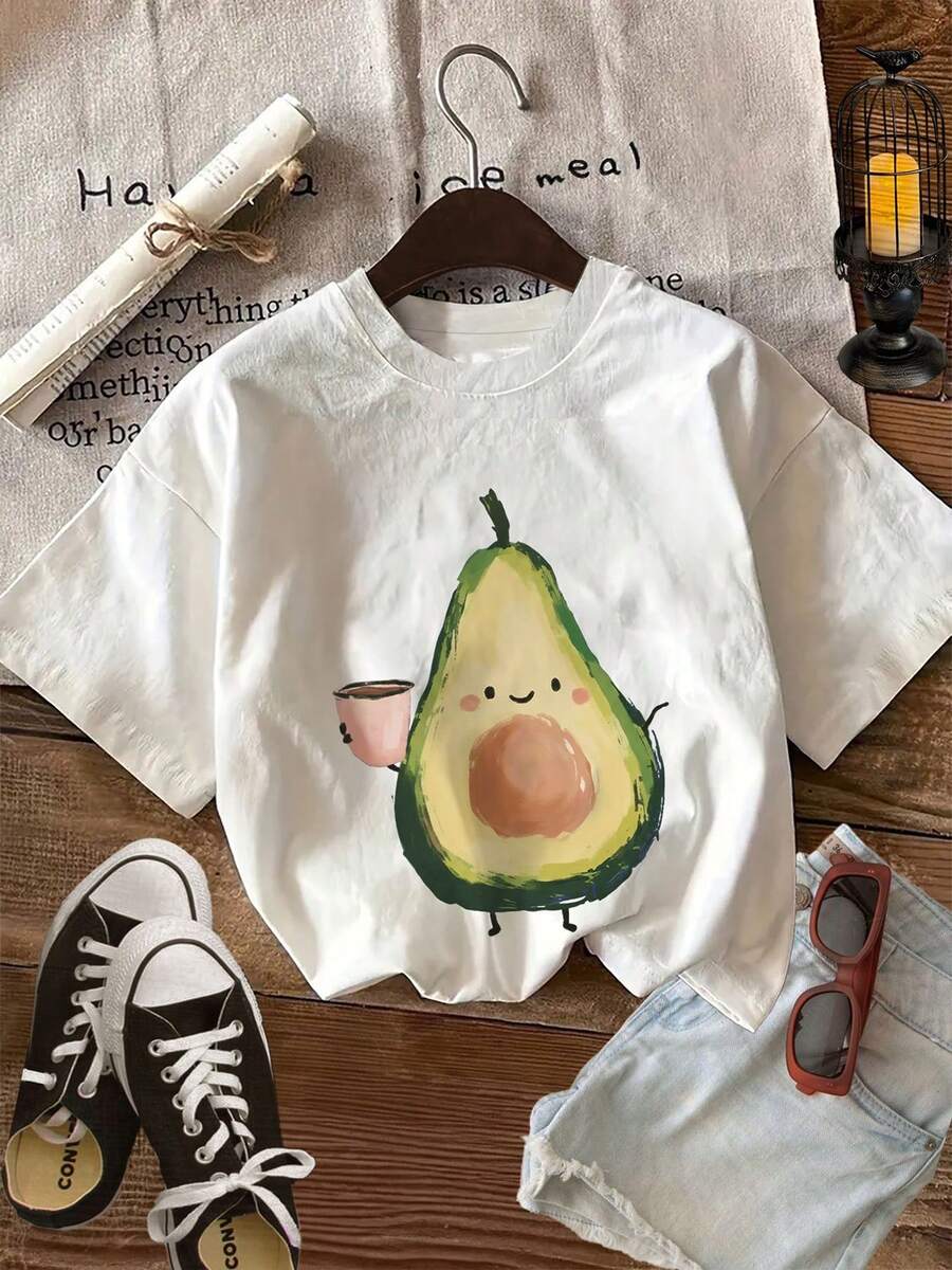 Women's Casual Short Sleeve Round Neck T-Shirt, Avocado And Tea Cup Print, Comfortable Regular Fit For Summer - White - View 1