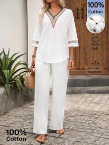 Conjunto casual de 2 piezas de camisa de manga 3/4 con cuello en V a rayas y pantalones para vacaciones de mujer - Blanco 2 - Ver 3