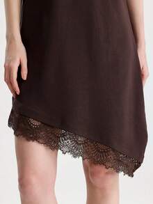 RoseArya Cotton Asymmetric Hem Lace Detail Short Sleeve Dress - Coffee - View 5