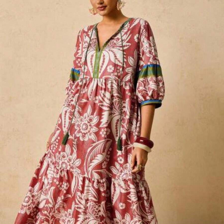 Plus Size Women's Pink & Green Tropical Plant Print Maxi Dress, V-Neck Tie Bow Long Sleeve Loose Casual Dress, Early Autumn Boho Dress Women Summer Dresses For Women With Sleeves Resort Dresses For Women Floral Print Dress French Dresses For Women Autumn Dress Going Out Dress Fall Clothes Fall Clothes Plus Size Autumn Clothes Wedding Guest Dress Elegant  Old Money Beach Outfits For Woman Resort Wear Women Ibiza Outfit - Multicolor - Ver 1