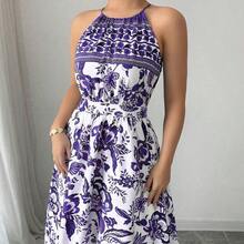 Women's Elegant Fashion Charming Beach Resort Casual Vacation Sleeveless Halter Waist Cinched Floral Print Maxi Dress (Random Floral Print) - Azul y blanco - Ver 11