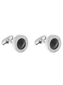 Bộ 1 đôi khuy măng sét và kẹp cà vạt bằng kim loại tròn đính đá sapphire lấp lánh dành cho nam giới. - màu đen - Xem 5