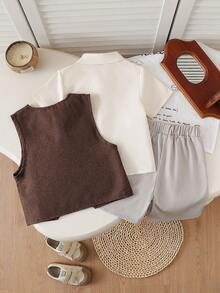 Young BoySimple Solid Color Shirt, V-Neck Vest And Stylish Pocket Pants Set - Apricot - View 3