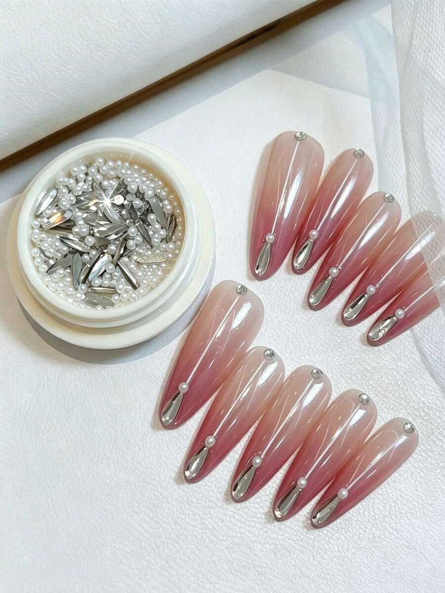 1 Box Mini Water Drop Rhinestones, French Manicure Nail Supplies, Pearl Water Droplet Rhinestone Mixed Decorations, With Storage Case, Nail Art Gems - White - View 1
