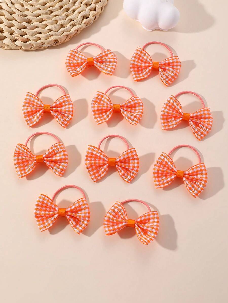 5pcs/10pcs Girls Elegant Checkerboard Bow Hair Scrunchies, Orange Tones, Suitable For Daily, Vacation, Graduation Season Decoration And Gifts - Multicolor - View 1