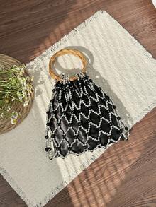 Nueva bolsa de mano tejida a mano con asa circular, cordón con cuentas, adecuada para vacaciones y playa - Multicolor - Ver 14