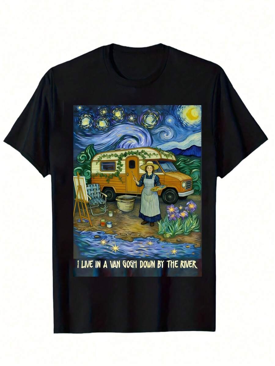 Camiseta unisex con diseño de noche estrellada<Noche Estrellada> de Van Gogh Riverside Life, suave y agradable al tacto, una prenda básica de ropa casual urbana adecuada para todas las estaciones, versátil para cualquier época del año, asequible para el uso diario y un regalo de Navidad perfecto para fans y amigos.ropa de calor mujer maija maija mujer luargla deeka ontre mujer premium ontre  mujer blusa casual mujer blusas casuales para dama - Negro - Ver 1