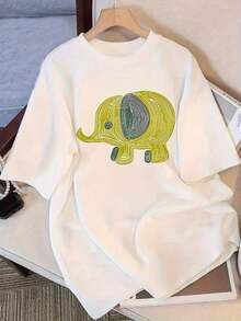 Camiseta de manga corta unisex de algodón 100% para ocio y moda, camiseta holgada con estampado de elefante estilo retro americano, nueva camiseta de media manga versátil de estilo popular de verano, ropa de mujer enviada desde almacén local, ropa navideña, regalo para mujer, camiseta con estampado exquisito, cómoda, holgada. - Blanco - Ver 7