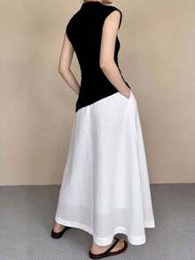 Falda blanca, elegante y casual para primavera/verano, con un toque juvenil y maduro, de alta calidad y estilo vintage de resort con bolsillos negros - Blanco - Ver 3
