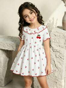 Baby Girls' Cherry Print Ruffle Collar & Hem Dress, Summer New Arrival, Red Wavy Hem, Back Keyhole Design, Soft & Cute - White - View 1