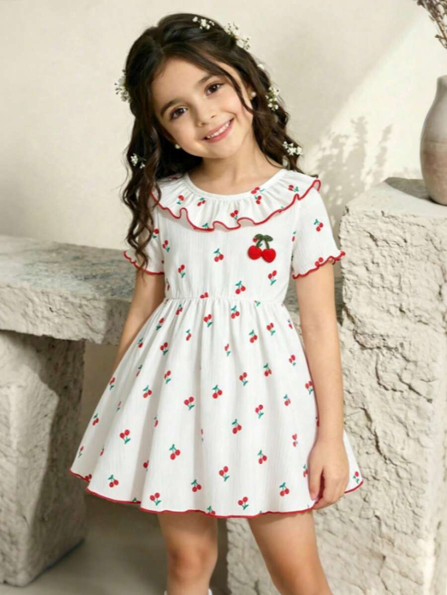 Baby Girls' Cherry Print Ruffle Collar & Hem Dress, Summer New Arrival, Red Wavy Hem, Back Keyhole Design, Soft & Cute - White - View 1