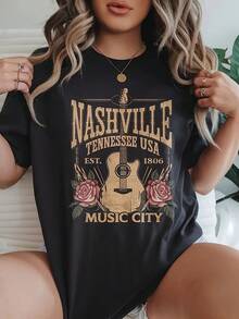 Women's Comfortable Black Guitar T-Shirt, Letter Print, Loose Fit, Round Neck, Short Sleeves, Soft Slightly Stretchy Fabric, Casual Everyday Wear, Geometric Pattern, Spring Summer, Regular Length, No Belt, Pullover Style - 黑色 - 查看 7