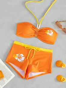 Conjunto de bikini de playa para mujer con bralette halter, adornado con nudo y estampado floral, shorts de alta elasticidad para vacaciones de verano - Naranja - Ver 7