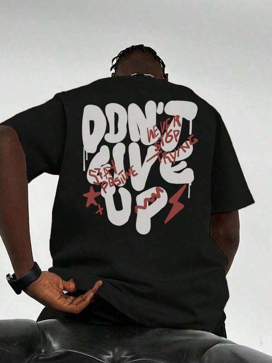 Camiseta de manga corta de cuello redondo para hombre con estampado de letras, estilo casual de verano 2025 - Negro - Ver 1