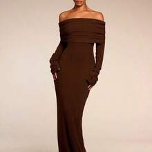 Women's Solid Color Off Shoulder Long Sleeve Casual Long Dress,Party Women Outfits,Women Clothes - Albaricoque - Ver 2
