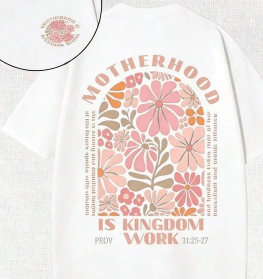 Summer Tops 2026: Retro Washed Gray T-Shirt With Double-Sided Print (Pure Cotton T-Shirt) With Christian Graphic Design "Motherhood Is Kingdom Work" And Proverbs 31:25-27 And Floral Design, Comfortable And Fashionable T-Shirt, Urban Style, Loose And Comfortable Cotton T-Shirts, Round Neck, 100% Cotton, Soft Fabric, Short Sleeve. - 白色 - 查看 1
