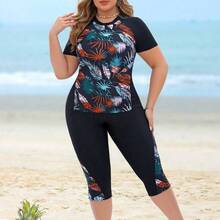 Swim Lushore Plus Size 2pcs Women Leaf Print Patchwork Top And Long Swim Shorts, Black Splicing Round Neck Sleeveless Bikini Set, Beach Vacation For Summer - Multicolor - Ver 2