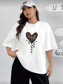1 Piece Women's Plus Size Round Neck Short Sleeve T-Shirts With Heart Pattern, Fashionable Loose Fit Short Sleeve Top For Women 180g 100% Cotton - 白色 - 查看 1