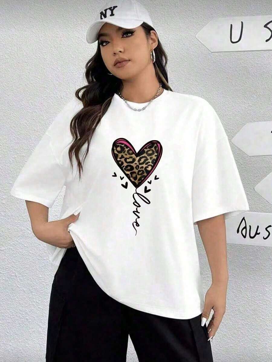 1 Piece Women's Plus Size Round Neck Short Sleeve T-Shirts With Heart Pattern, Fashionable Loose Fit Short Sleeve Top For Women 180g 100% Cotton - 白色 - 查看 1