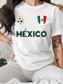 Plus Size Women's Casual Crew Neck T-Shirt, Casual Tee With Mexican Flag And Soccer Graphic - Breathable And Stretchy Fabric, Crew Neck, Machine Washable, Comfortable For All Seasons For Sportswear And Casual Wear, Leisure Sportswear, Non-See-Through Material, Suitable As A Daily Gift Or For Valentine's Day, Easter And For Soccer Fans. - 白色 - 查看 7