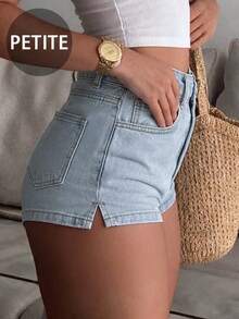 Sexy Casual American Style Denim Shorts For Petite, With Pockets And Side Slit Design Summer - Baby Blue - View 4