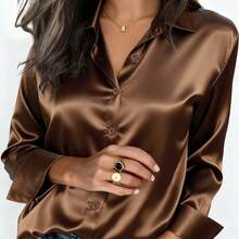 2026 Women's Satin Button-Up Blouse, Elegant Collared Shirt For Office Or Casual Wear, Autumn Winter Spring Summer Tops Summer Outfits For Women Summer Clothes Shirts Vacation Outfits Women Spring Outfits For Women Blusas Bonitas De Mujer Cute Tops Going Out Tops Women - 軍綠色 - 查看 2