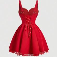 MOD Women's Pink & White Print Lace Trim Cami Strap Mini Dress With Criss-Cross Back, Summer Date Outfit, Valentine Day,  Graduation Dresses, Spring/Summer Outfit, Women's Carnival Costume, Holiday Outfits, Floral Dress, Pink Dress, , Cottagecore Dress, Holidays, Birthday, Festival, Tea Party Dress, Picnic Outfit, Wedding Guest Dress For Women, Birthday - Amarillo - Ver 3
