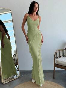 Vestido ceñido con tirantes finos, cuello drapeado y volantes para una cita romántica, para mujer.Vestidos de primavera/verano, regalo del Día de San Valentín, cita nocturna de San Valentín, "Sé mi Valentín", propuesta - Verde 2 - Ver 3