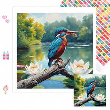 1幅全新5D圆形亚克力钻石画马赛克工艺品，描绘翠鸟捕鱼和荷塘景色，手工镶嵌钻石，适合家居墙面装饰。一份贴心的节日礼物，送给女友、父母、朋友，表达心意，增添艺术氛围，不含画框。 - 圓鑽 - 查看 4
