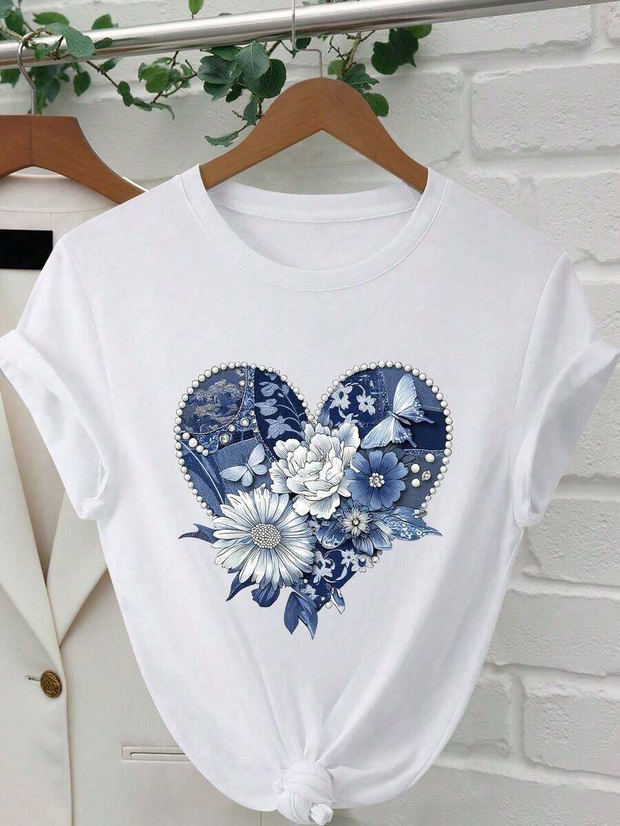 1pscINAWLY Camiseta de manga corta informal y versátil con estampado de corazón para mujer, 100% algodón - Blanco 2 - Ver 1