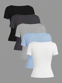 Set de 3 camisetas de punto para mujer, multicolor, camisetas básicas de primavera/verano para mujer, tops ajustados básicos, paquete de tops básicos, tops básicos para mujer, tops de ajuste ceñido, tops básicos, tops de mujer de cuello cuadrado, tops de verano para mujer, tops de manga corta para mujer, tops de verano para mujer, camisetas de mujer - Multicolor - Ver 2