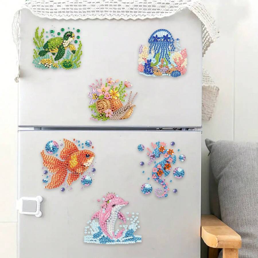 6 件装钻石画冰箱贴,水下动物钻石画装饰,DIY 钻石画磁铁套装,可用于手工制作、礼品、冰箱贴、邮箱装饰 - 套裝 - 查看 1