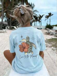 Camiseta de Verano para Mujer 2026, Estampado de Tortugas, Flores y Letras, Cuello Redondo, Casual, Holgada, para Vacaciones en la Playa - Albaricoque - Ver 6