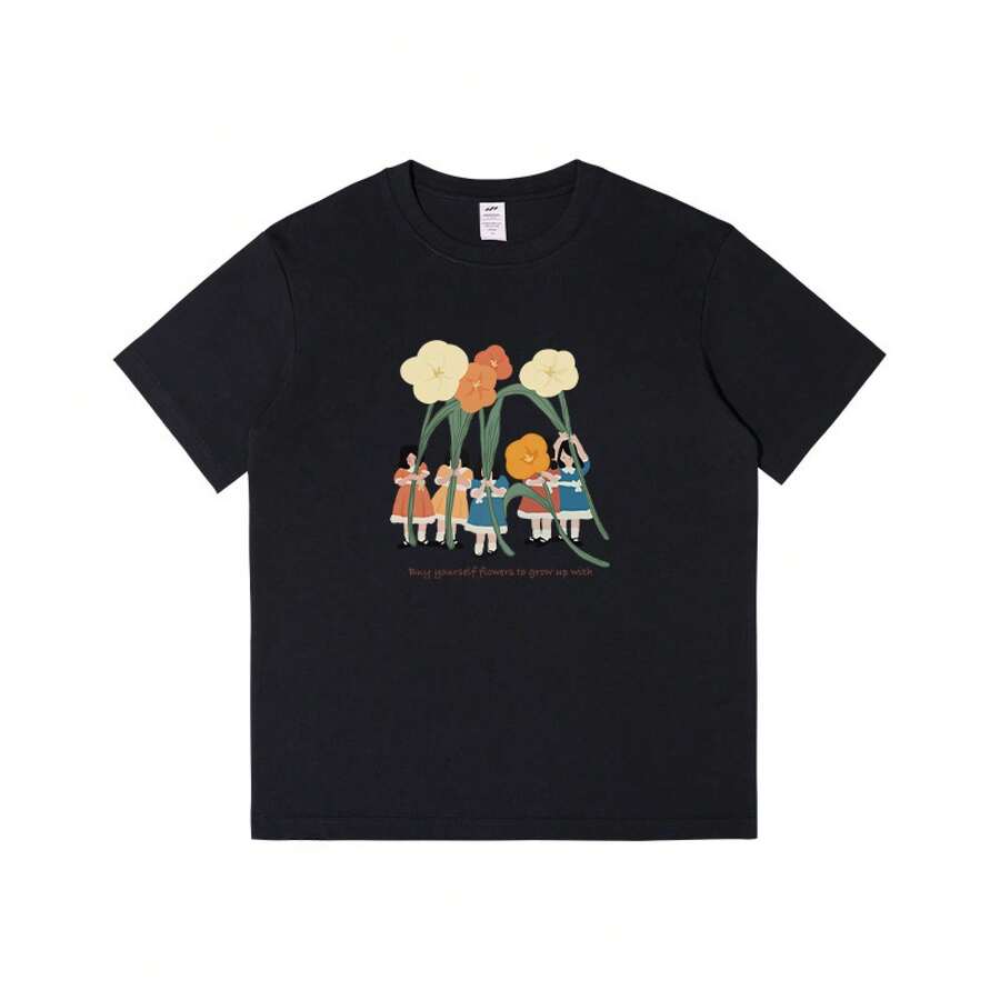 Unisex Peach-Colored T-Shirt With A Floral Print, Made Of Cotton With A Relaxed Fit, Ideal For Couples. A Style Perfect For Summer, Very Versatile For Everyday Wear And Casual Outings. Looks Great With Jeans And Casual Pants, Creating A Fresh And Youthful Look That's Very Fashionable This Season. MVEK - 黑色 - 查看 1