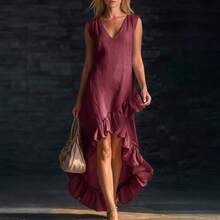Vestido Largo de Algodón y Lino 2026 Verano, Sin Mangas Cuello V con Volantes en el Borde Inferior - Burdeos - Ver 3