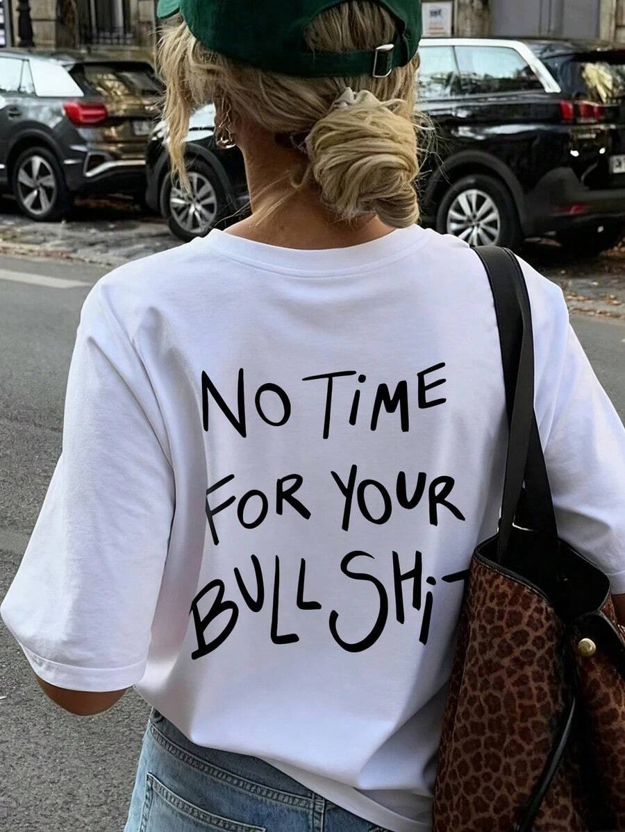 Camiseta de manga corta de cuello redondo casual de verano con estampado de frase inspiradora en inglés, versátil y de moda para mujer en color blanco - Blanco - Ver 1