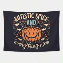"Autistic Spice And Everything Nice" Pumpkin Tapestry, Halloween Autism Print, Wall Decor For Neurodiversity Advocates That Blends Fall Festivities With Positive Representation, Featuring A Smiling Jack-O'-Lantern And Whimsical Swirls. - 1PC - 查看 2