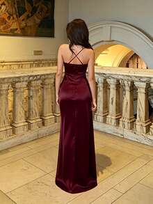 WOWDARK Summer Dress Wine Red Valentine's Day Outfit, Fashion Spaghetti Strap Ruched Slit Satin Party Dress, Elegant Dress Suitable For Valentine's Day, Dates, Gatherings, Parties, Travel, Vacation, Beach And More - Màu Đỏ Sâu - Xem 5