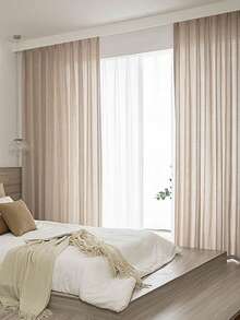 1pc Beige Linen-Like Solid Color Curtain, Japanese Style Decorative Drape, Rod Pocket, Suitable For Living Room, Bedroom Windows And Doors - Light Brown - View 6