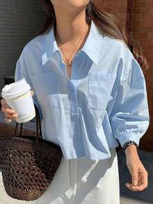 Camisa de manga larga holgada con bolsillo y parche, de unicolor, versátil para uso diario y casual, para primavera/otoño - Azul 2 - Ver 1